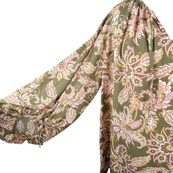 Belle Kim Gravel Boho Free Spirit Blouse Olive Dusk Paisley Peasant Top Size 1X - Picture 8 of 10